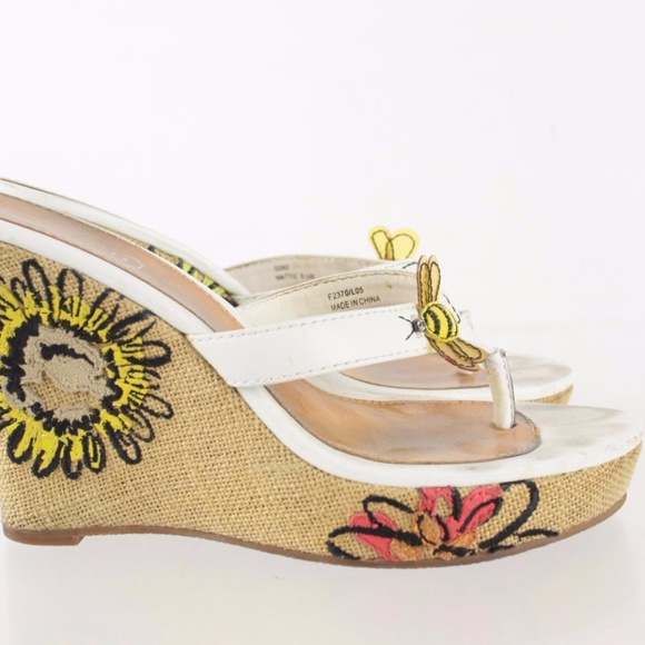 Coach White Floral Leather Thong Platform Wedges - Picture 1 of 8